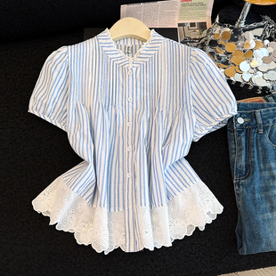 蓝白竖条纹蕾丝拼接短袖衬衫女夏季减龄显瘦百搭衬衣泡泡袖上衣潮