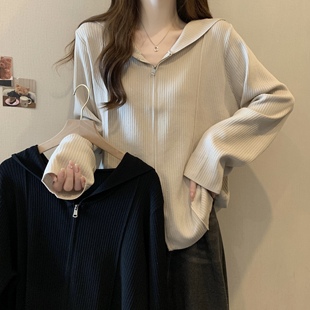 显瘦双拉链上衣 时尚 连帽针织衫 女春秋大码 胖mm外搭巨好看针织开衫