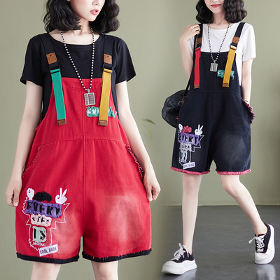趣味卡通贴布牛仔背带裤女夏季宽松工装连体裤休闲小个子五分裤潮