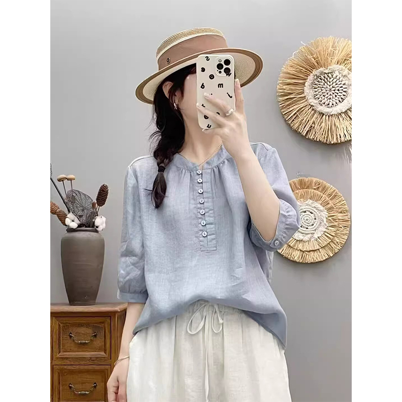 文艺复古苎麻衬衫女夏季新款纯色宽松显瘦亚麻T恤衫中袖套头上衣