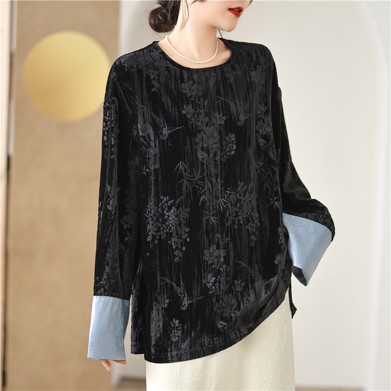 新中式国风气质丝绒衬衫女春秋季设计感拼接撞色t恤圆领提花上衣
