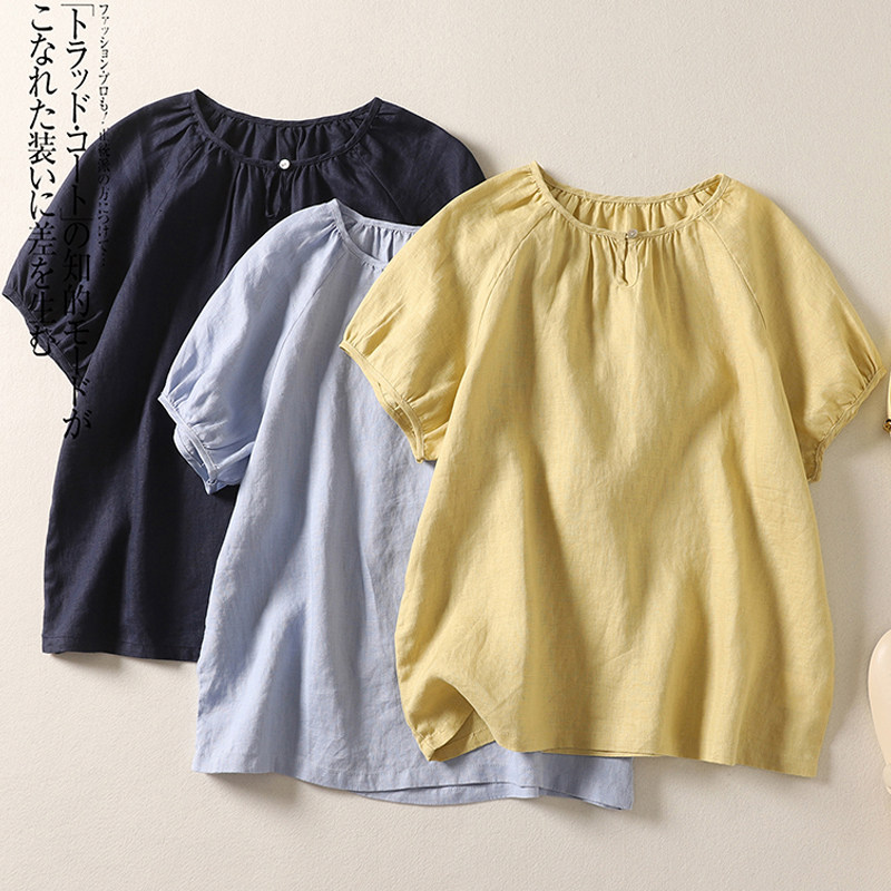 日系复古棉麻短袖衬衫女夏季森系通勤简约宽松休闲圆领亚麻衫上衣
