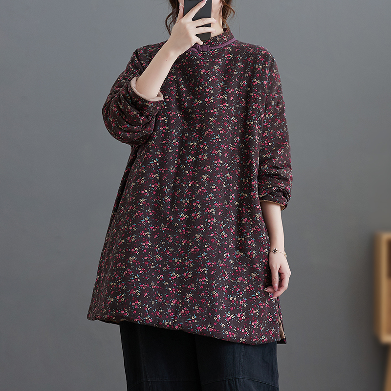 新中式碎花夹棉加厚外套女秋冬季立领国风斜襟盘扣棉衣中长款棉袄