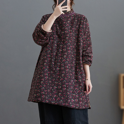 新中式碎花夹棉加厚外套女秋冬季立领国风斜襟盘扣棉衣中长款棉袄