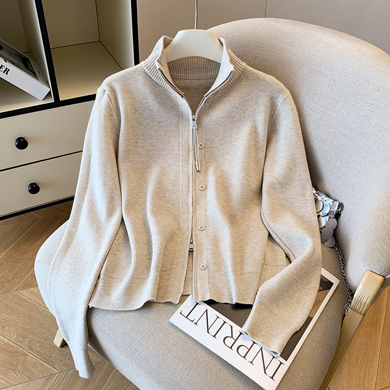 韩版时尚立领针织开衫女秋装设计双拉链休闲百搭显瘦长袖外套上衣