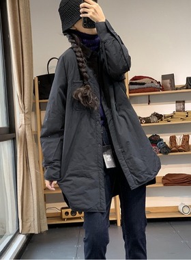 复古夹棉加厚翻领衬衫式棉服女中长款风衣冬装休闲保暖棉衣外套潮