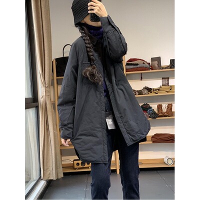 复古夹棉加厚翻领衬衫式棉服女中长款风衣冬装休闲保暖棉衣外套潮