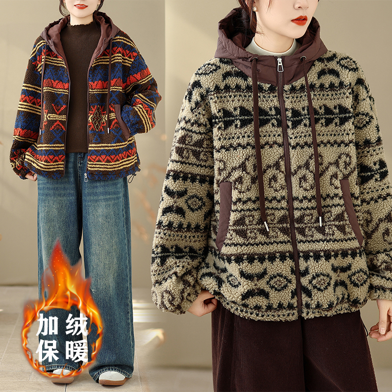复古提花羊羔绒棉衣连帽抽绳外套女冬季宽松百搭加厚保暖外穿上衣