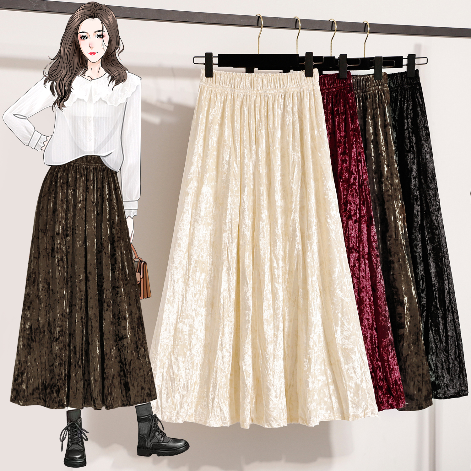 设计感褶皱丝绒半身裙女秋冬大码胖mm洋气时髦气质百搭松紧腰伞裙