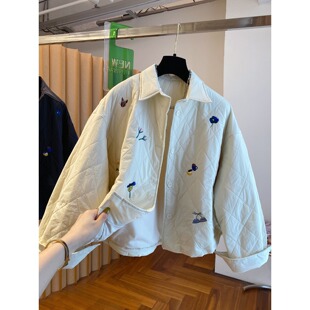 韩系休闲精致刺绣衬衫式棉衣外套女冬装轻便保暖宽松显瘦棉服上衣