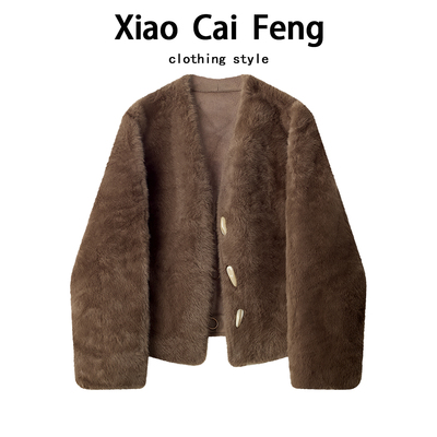 皮毛一体加厚牛角扣V领仿貂绒保暖皮草冬装百搭毛毛长袖女短外套