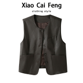 欧货圆领PU皮衣无袖 坎肩马甲女春秋休闲显瘦叠穿外搭夹克马夹上衣