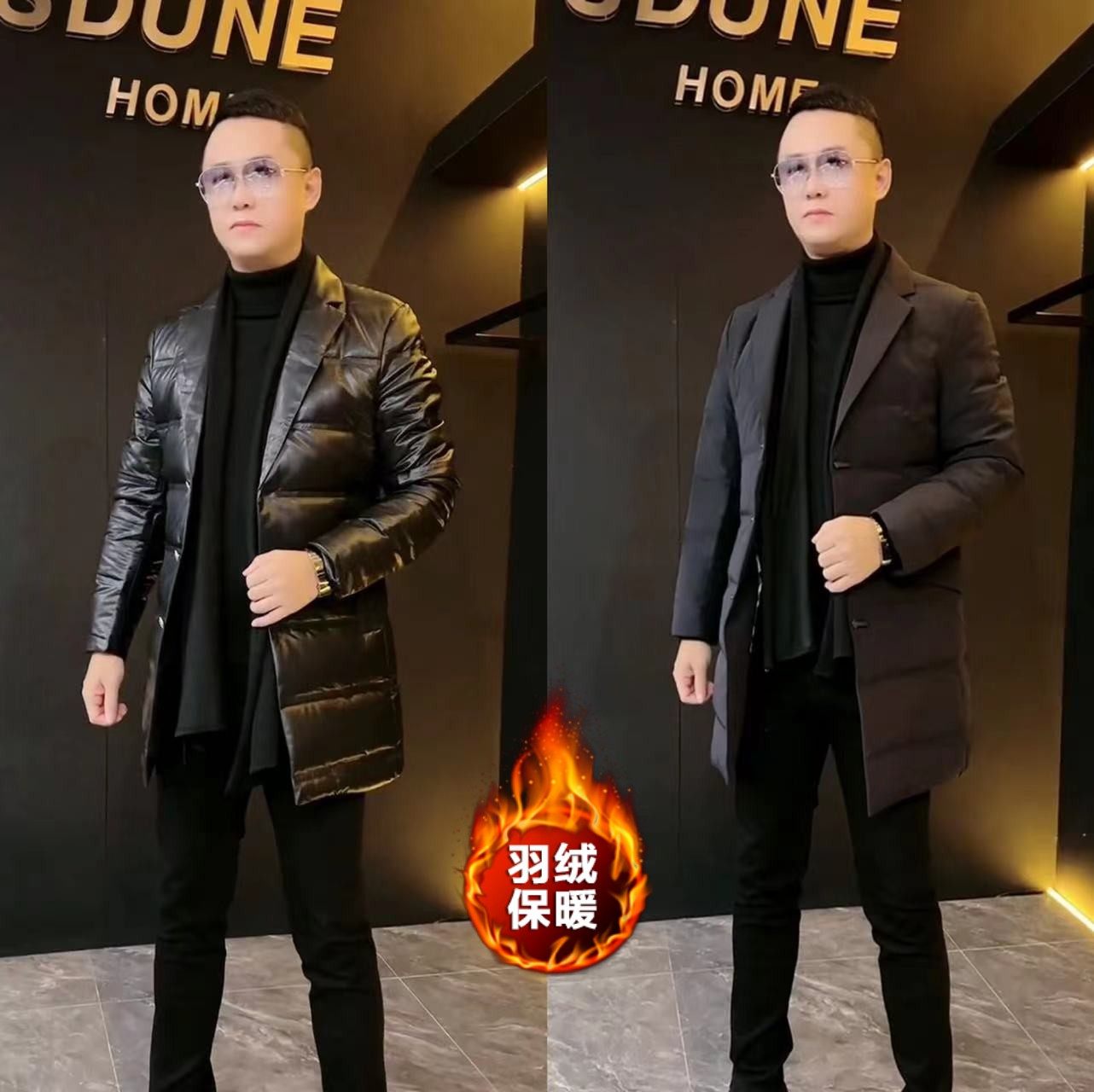 冬季男士欧货亮面西服领中长款保暖羽绒服外套可拆围巾领大衣男80