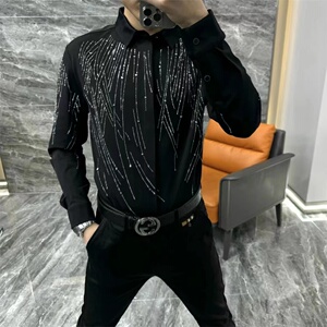 22758秋冬新款欧货男士内搭翻领烫钻长袖衬衫修身百搭商务休闲男