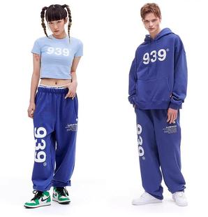 ins潮 子休闲卫裤 彩蓝印花939运动裤 女秋冬纯棉宽松束脚直筒阔腿裤