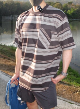 【Dhan线上商店】新款条纹口袋T恤美式潮牌宽松条纹短袖男士上衣