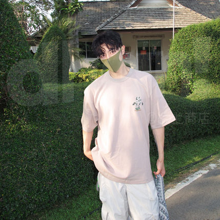 【Dhan线上商店】250G复古绿植印花T恤美式领口重磅休闲短袖