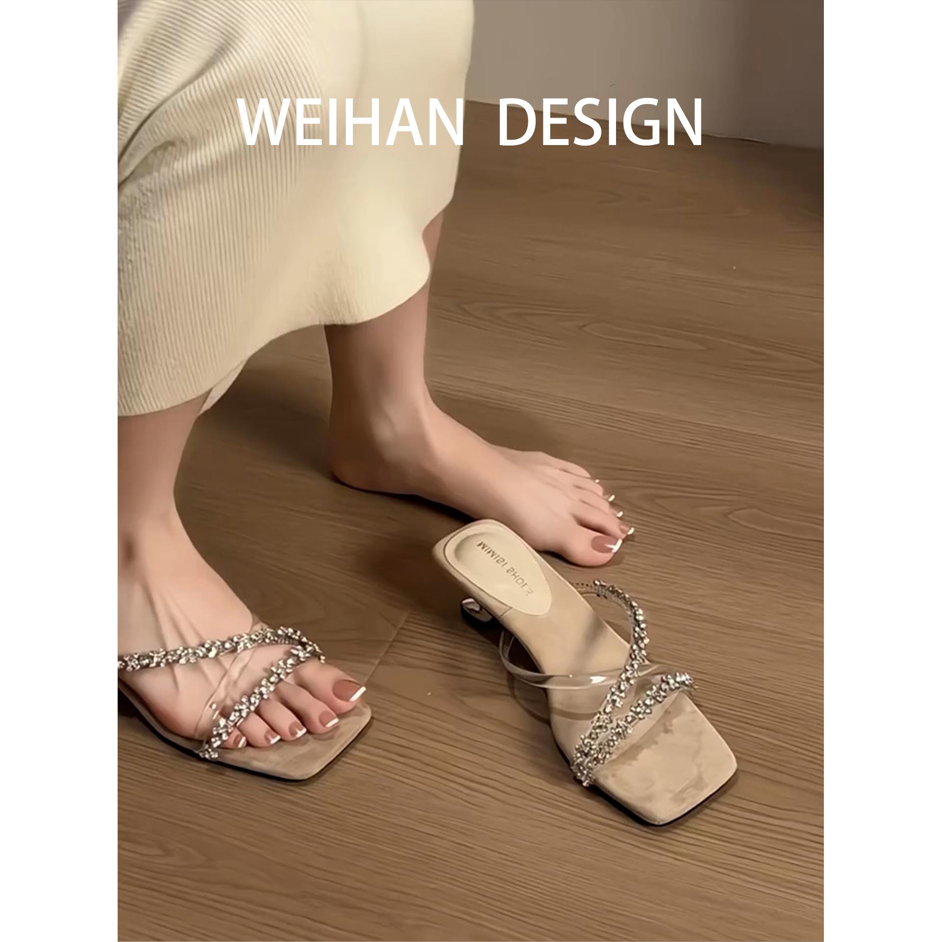 羊皮版！绝美精致水钻跛跟凉拖鞋女外穿仙女风方头露趾小猫跟凉鞋