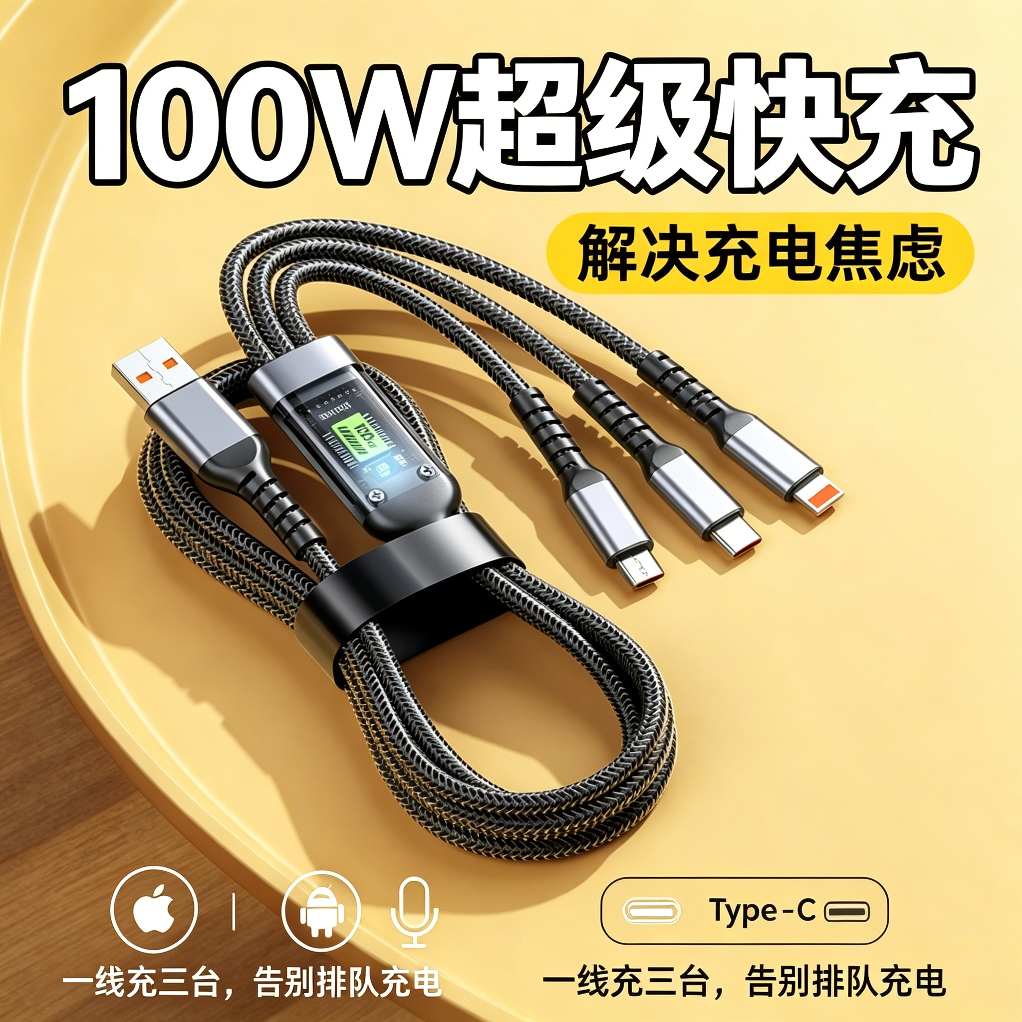 【超级快充】100W数据线车载三合一带灯快充电线6A 适用苹果华为安卓通用超级闪充一拖三数据线夜光usb多接口