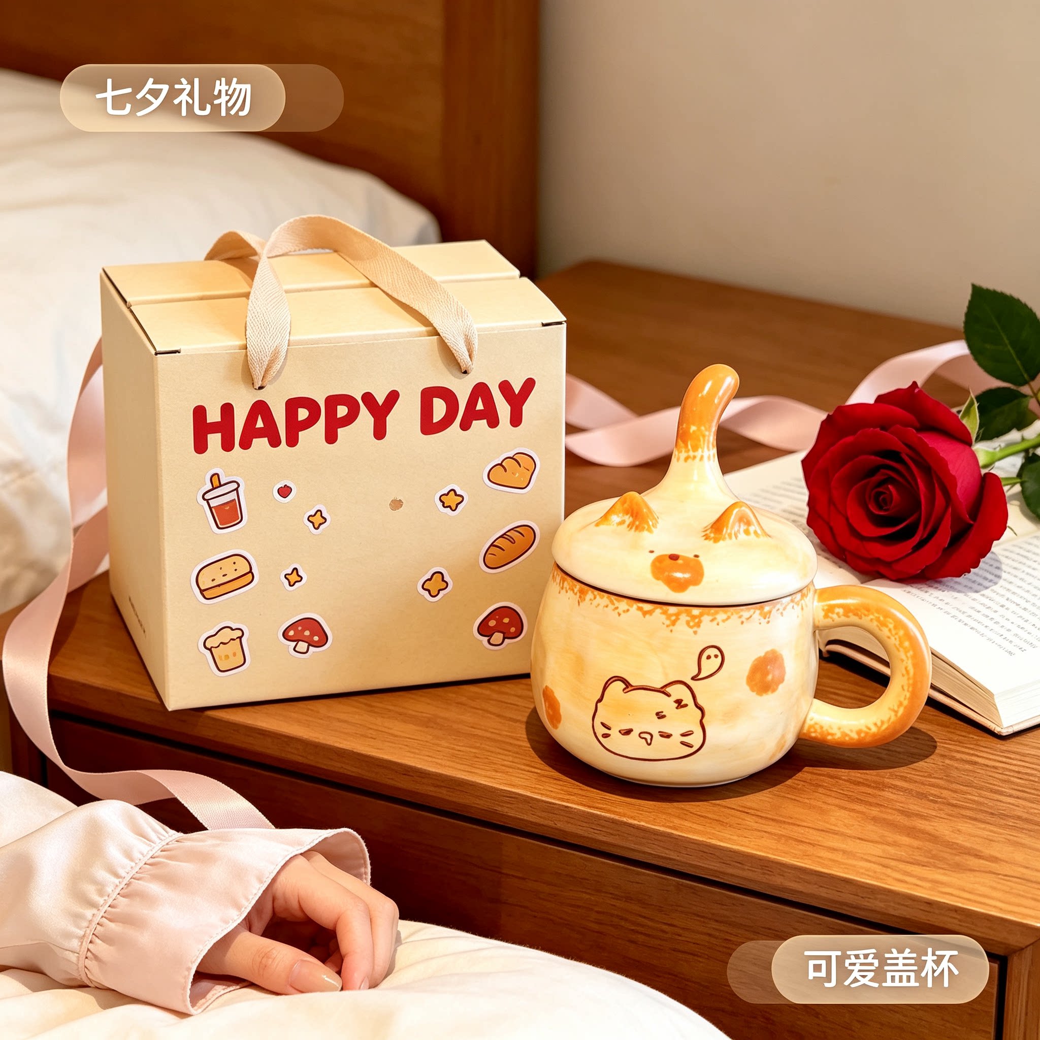 七夕送女友陶瓷猫咪马克杯盖支架