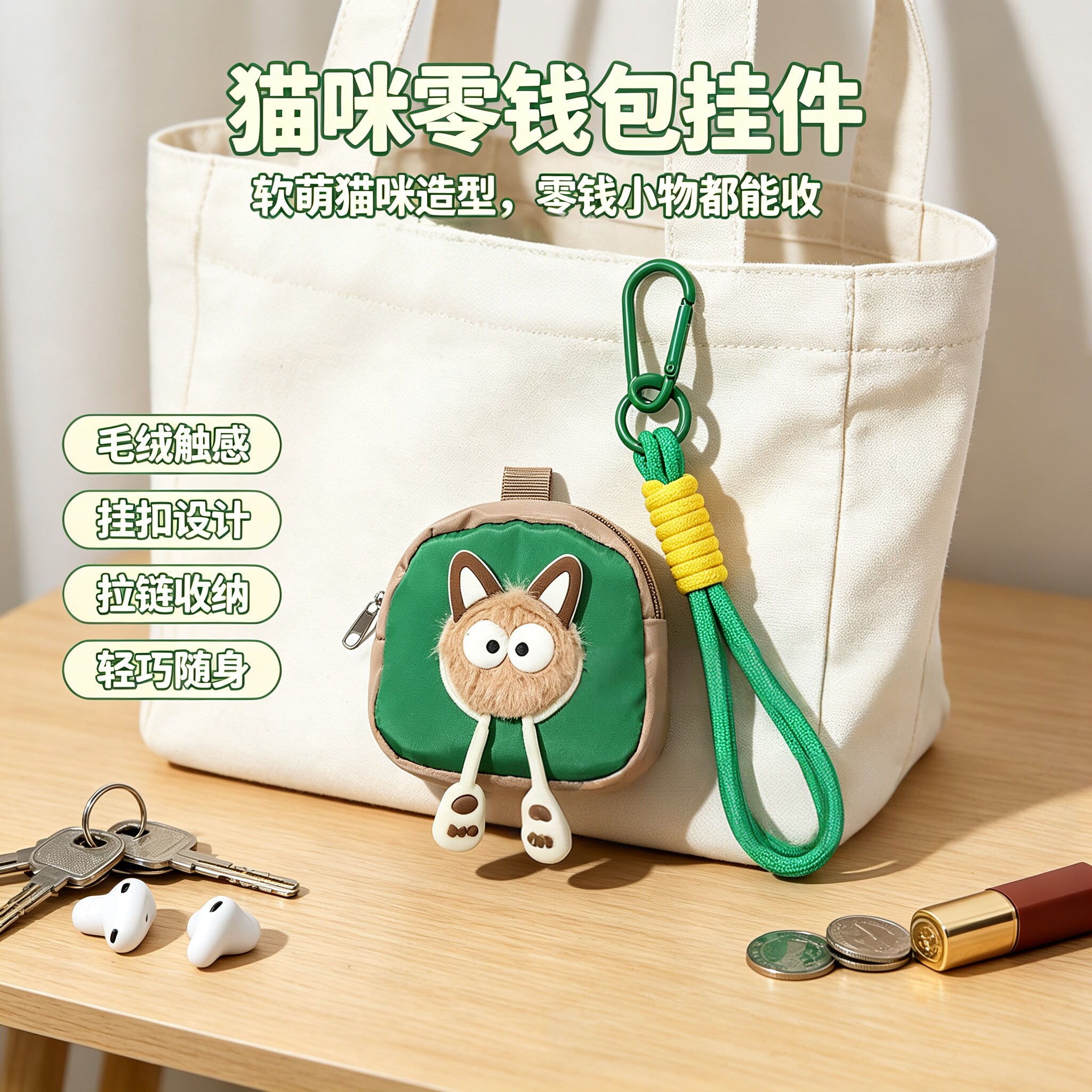 可爱毛绒猫咪零钱包挂件钥匙绳
