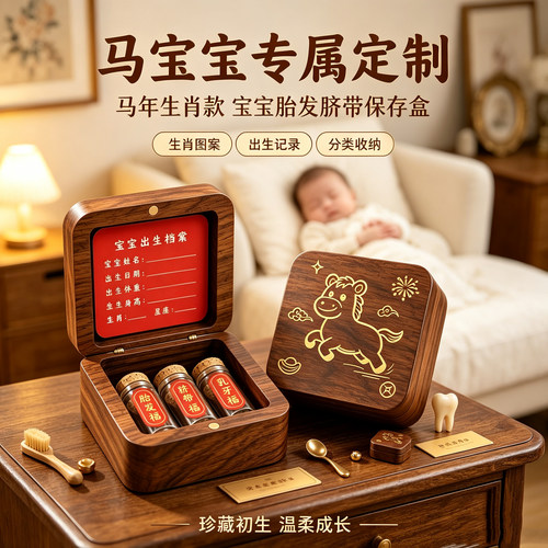 【胡桃木】婴儿胎发脐带收纳盒
