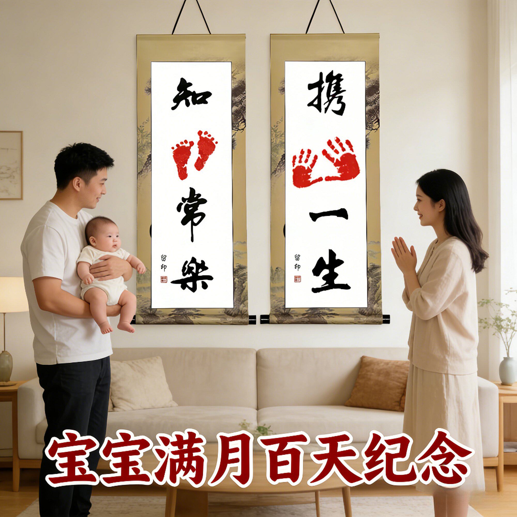 知足常乐字画小脚丫宝宝满月百天足印手脚印抖音知足常乐纪念挂画