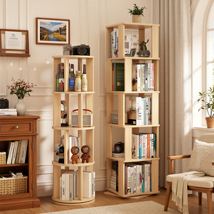 实木旋转书架360度书柜落地置物架一体靠墙转角收纳柜儿童展示柜
