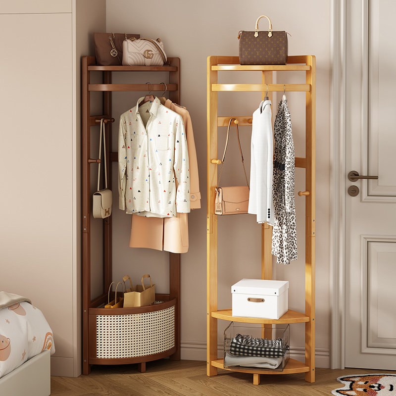 新款转角衣帽架卧室落地实木挂衣架一体靠墙置衣架入户玄关衣服置