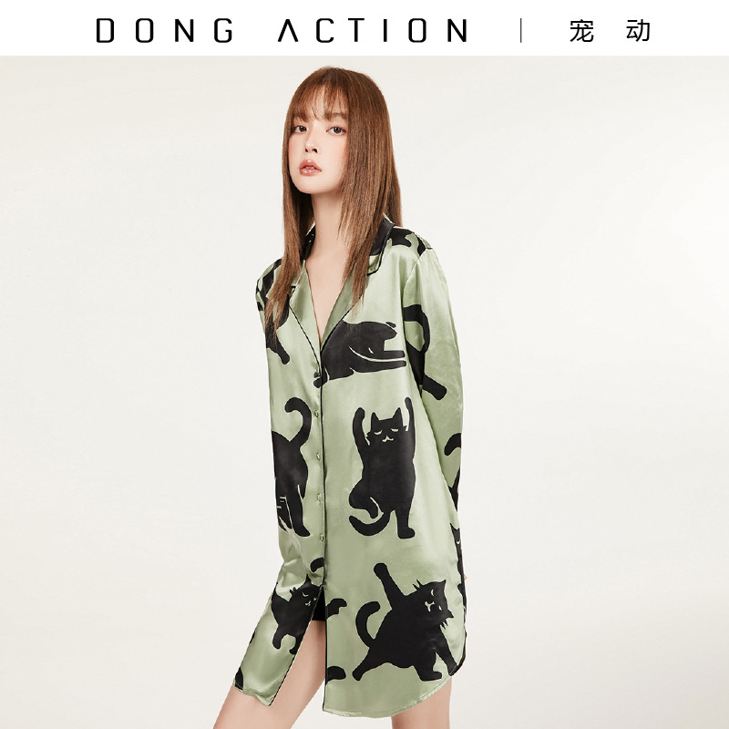 DongAction宠动 新款经典绿猫咪图案睡裙可外穿长袖家居服