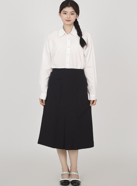 Dong Action宠动 A字下摆侧开叉通勤过膝简约黑色半身裙