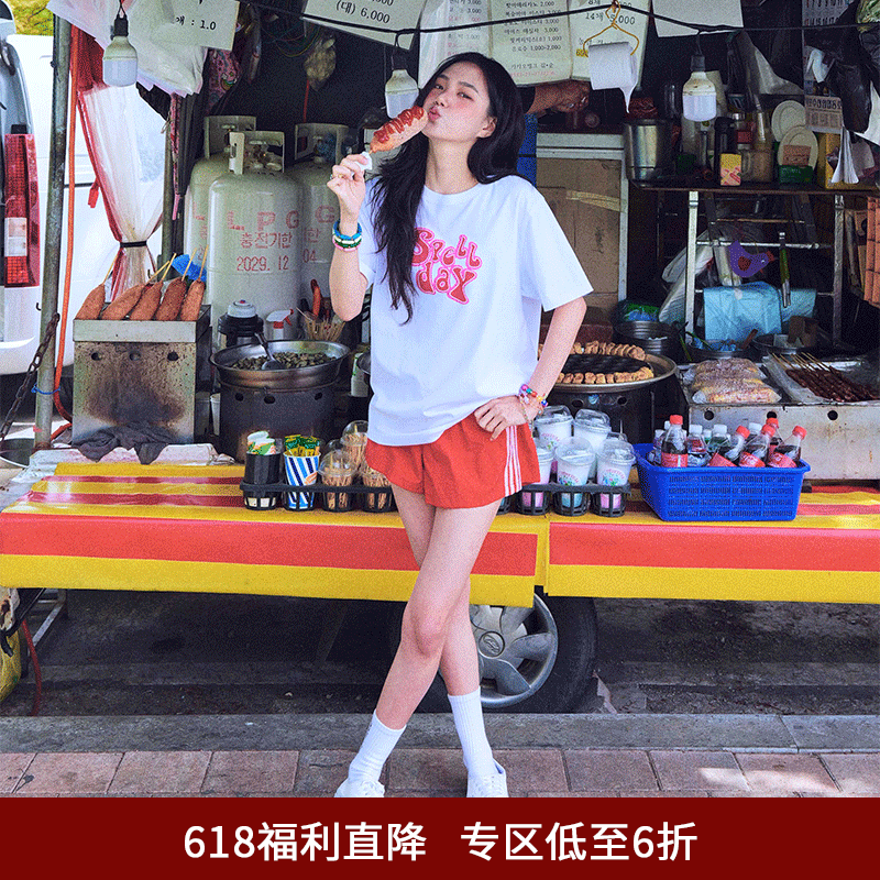SPELLEDIT三线短裤运动风宽松休闲松紧腰短款裤子女