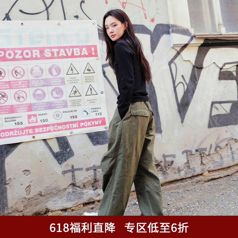 SPELLEDIT冬季新品膝盖捏褶工装裤宽松休闲运动风长裤子女