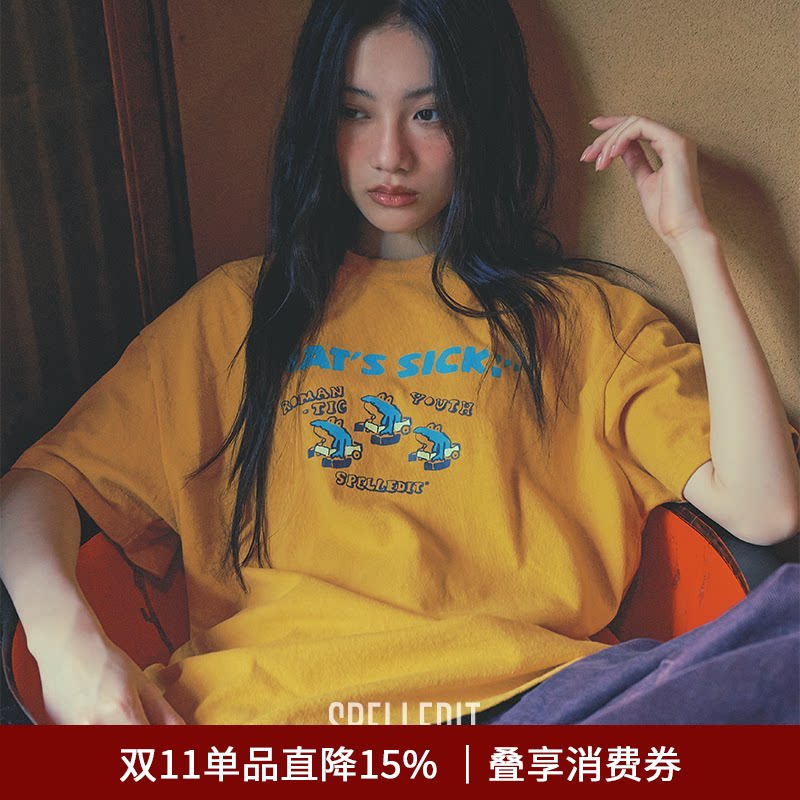 SPELLEDIT2026冬季新品青蛙半袖T恤韩版宽松休闲落肩半袖上衣女