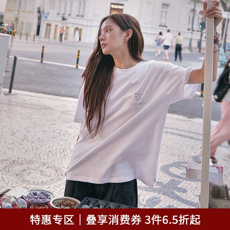 SPELLEDIT秋款盖博T恤时尚印花手绘设计宽松白色上衣女