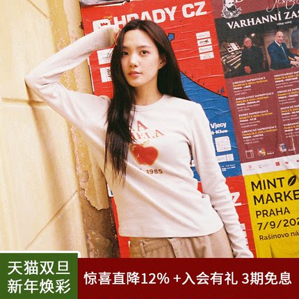 SPELLEDIT2025年冬季新品苹果长袖T恤创意印花打底衫内搭棉上衣女