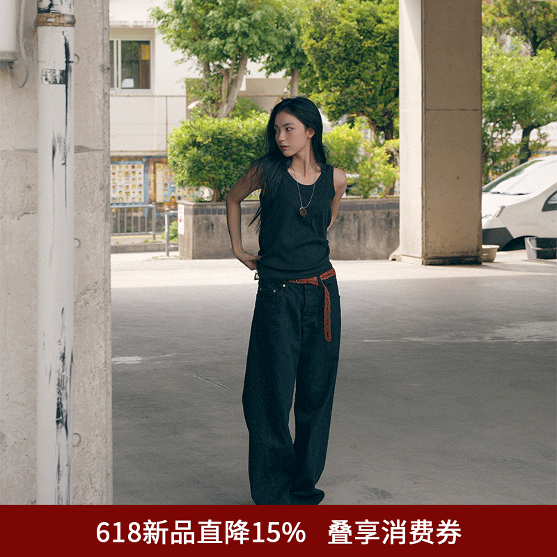 SPELLEDIT2026夏季新品弧形剪裁黑牛仔裤韩版时尚休闲长裤子女