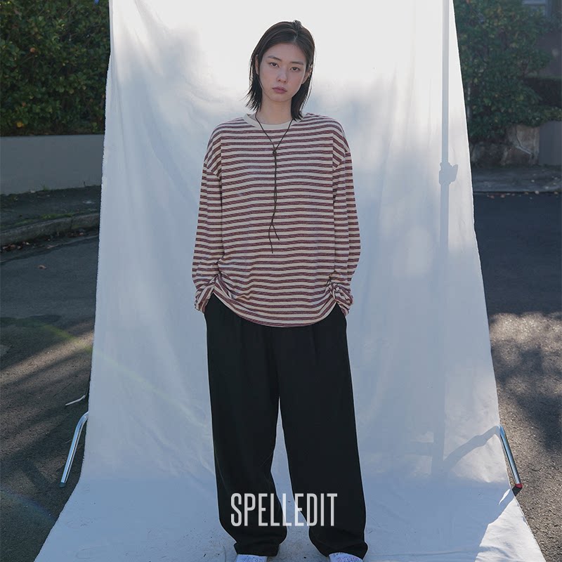 SPELLEDIT2026秋季新品复古条纹长袖T恤韩版时尚宽松休闲上衣女