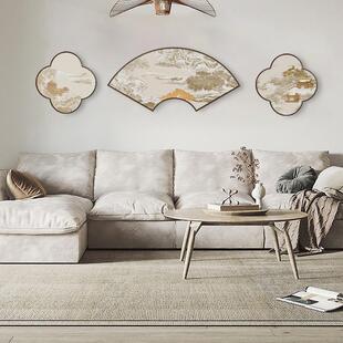 网红温亭居新中式客厅装饰画扇形沙发背景墙壁画山水画晶瓷画玄关