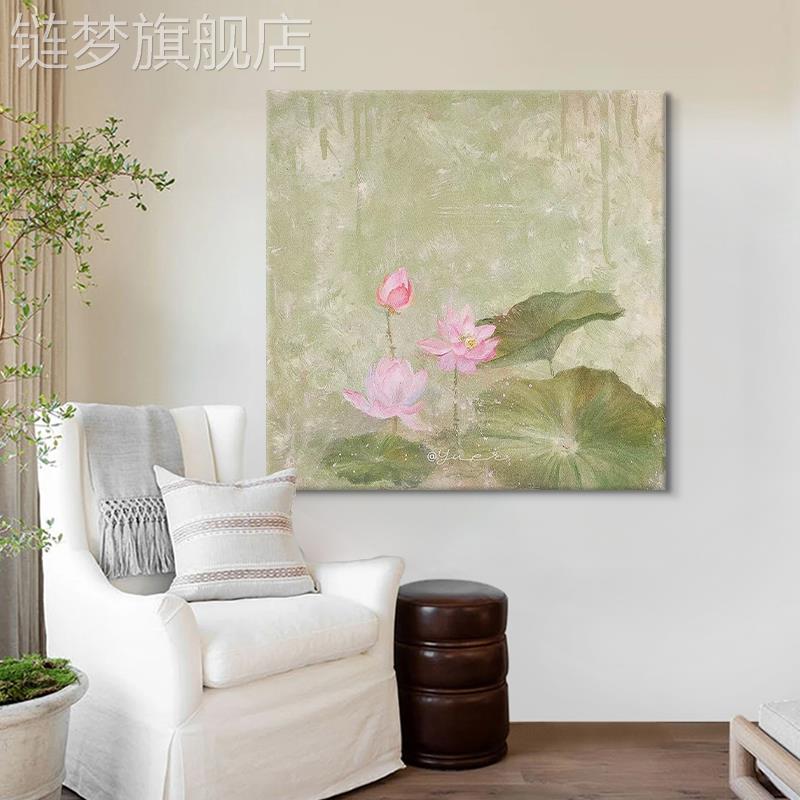 网红新中式叶客厅装饰画荷花荷手绘油画简约卧室床头挂关画玄禅意图片