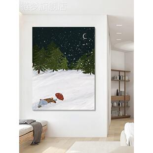 网红夜晚空雪景儿童房手油画客厅玄树关抽绘象松林挂画人星物饰壁