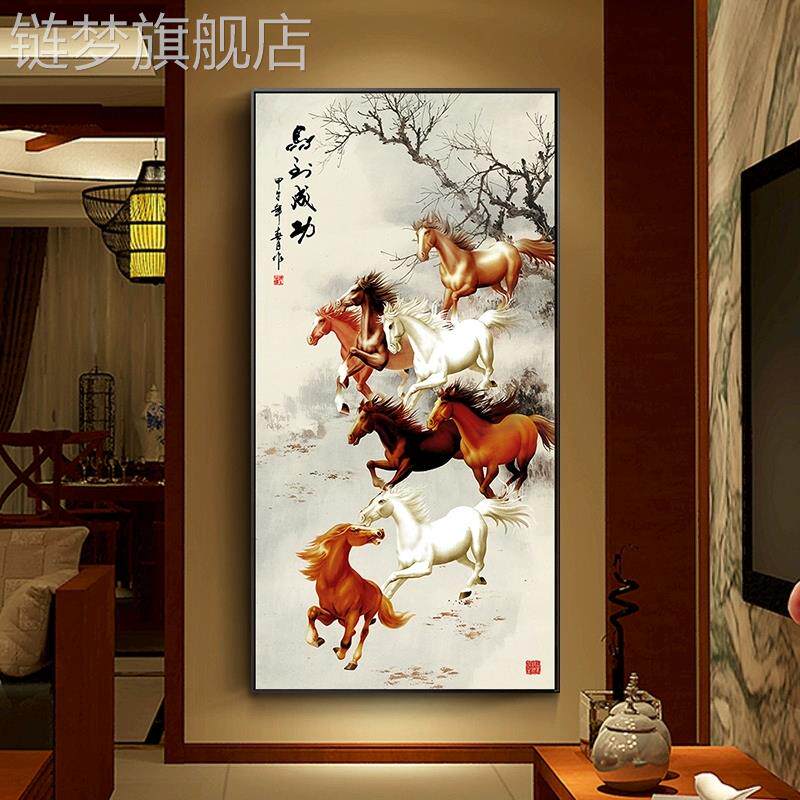 网红八骏图入户关装饰画竖版马成功国画万马奔腾画客厅到八马玄图图片