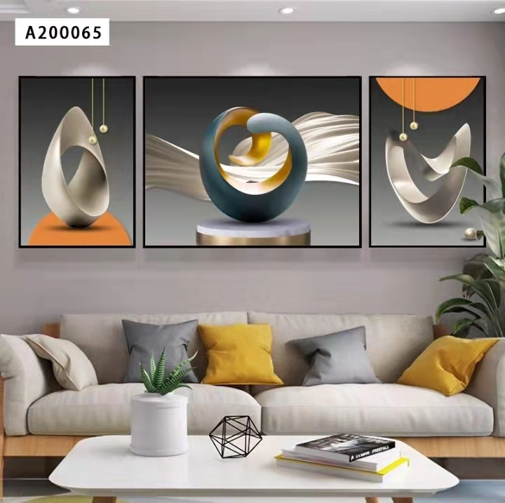 网红有框客厅晶瓷装饰画现代简约轻奢风金属框沙发背景三联画