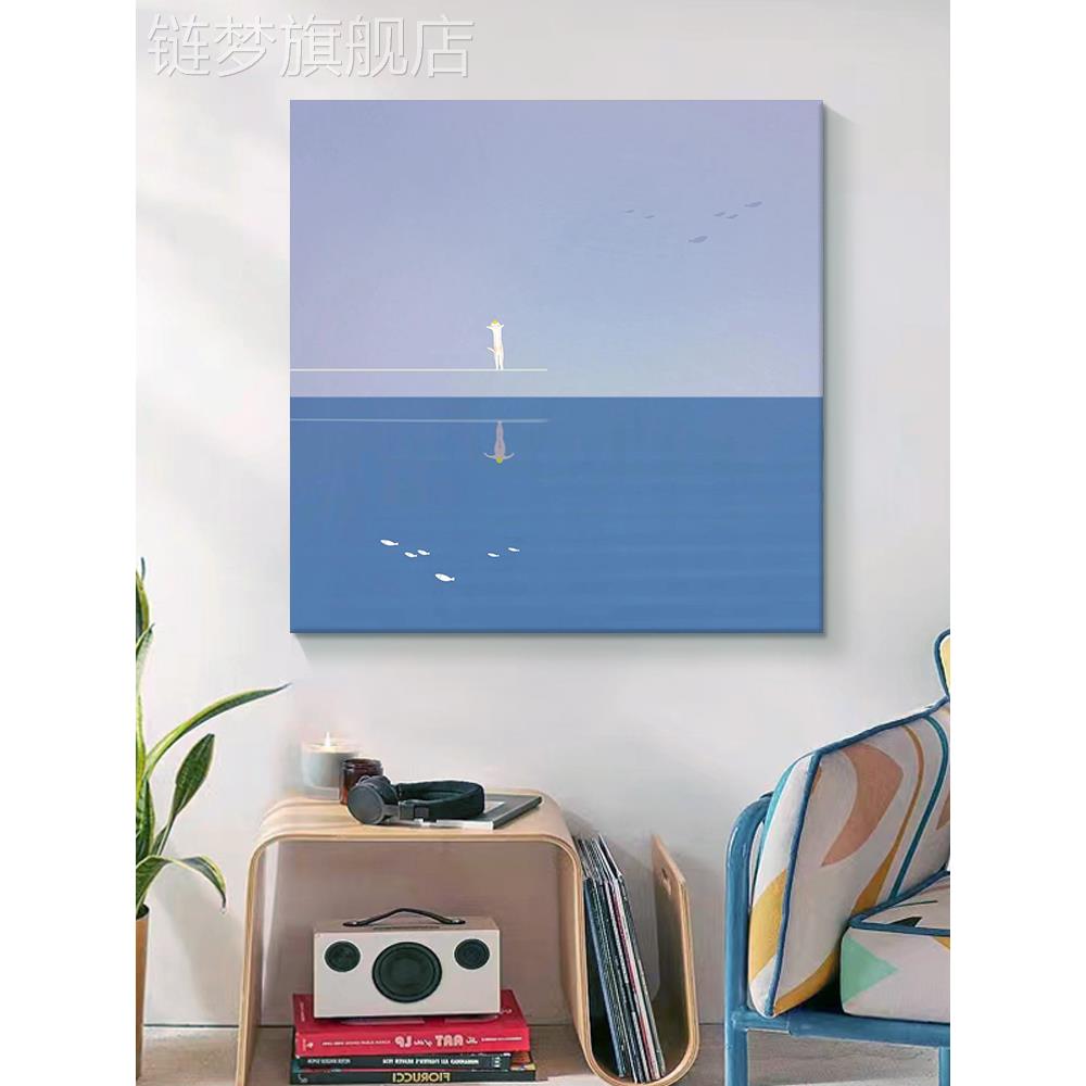 网红现猫代极简客厅饰画大卧海蓝天手绘油画白色正方形玄关咪室挂