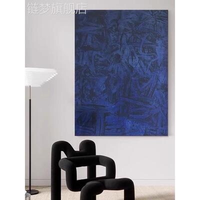 网红纯手绘克莱地因蓝客厅大抽象质画落色油画入口装饰型画感挂画