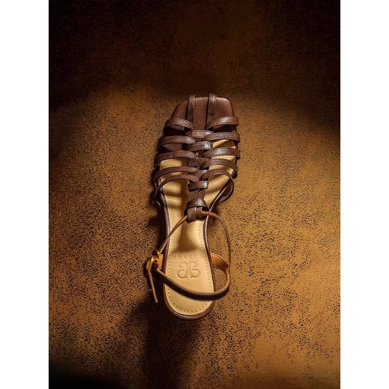 敦绿岛·野生｜纯手工编织方头粗跟马皮罗马凉鞋女士夏天高跟鞋