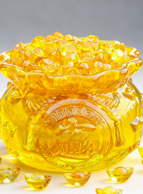 黄水晶福袋琉璃聚宝盆摆件