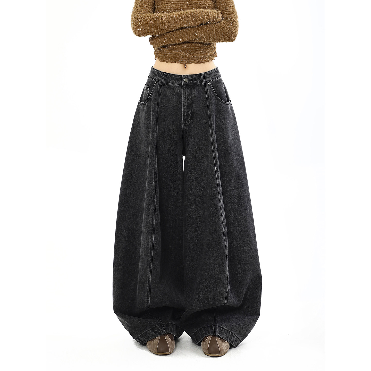 thumbnail for American vintage black scimitar jeans women's autumn and winter new casual loose silhouette straight wide-leg floor-length pants