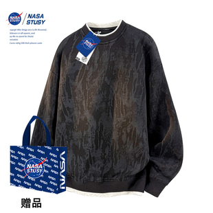 秋冬装 高街2025新款 男宽松情侣潮牌假两件加绒卫衣 STUSY美式 NASA