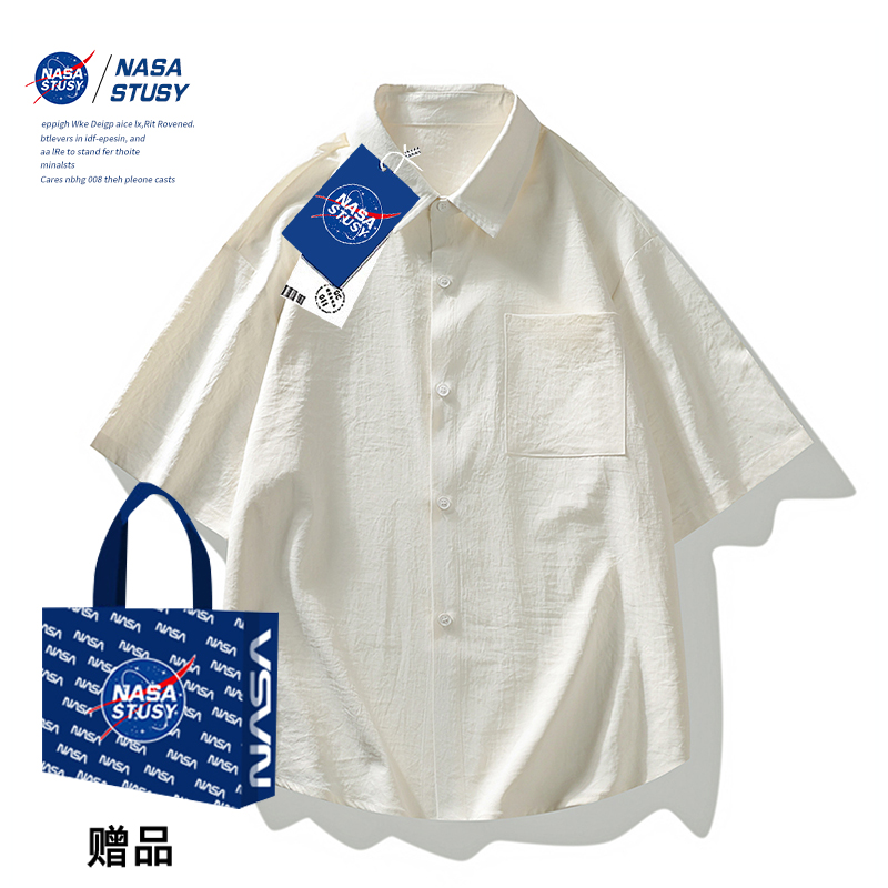 NASA STUSY美式复古2025新款夏装男款衬衣男士痞帅高级感短袖衬衫